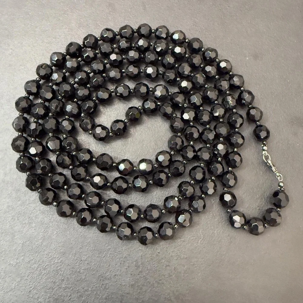 Faceted Black Beaded Necklace Crystal Long Strand Silver Tone Victorian Goth